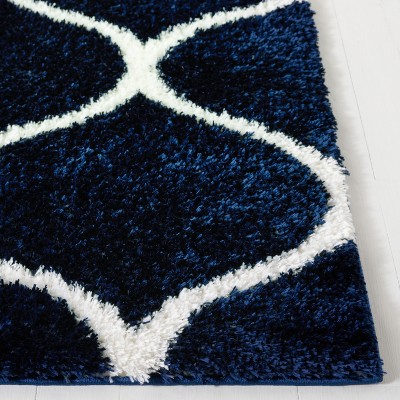 Navy and White Geometric Shag Runner Rug 2' x 9'