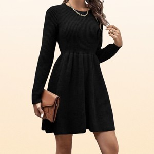 EadianDree Womens Long Sleeve Knit Mini Sweater Dress Crew Neck Empire Waist Pleated Fit Flare Casual Ribbed Sweaterdresses : Target