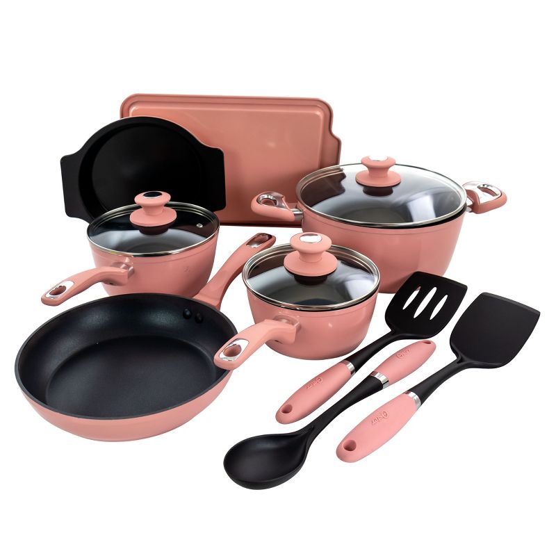 Oster Lynhurst 12 Piece Nonstick Aluminum Cookware Set in Pink with Kitchen Tools, 1 of 14