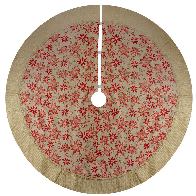 Northlight 48" Tan and Red Rustic Burlap Poinsettia Christmas Tree Skirt, 3 of 5