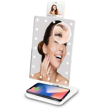 Brookstone Light-up Vanity Makeup Mirror 10x Magnification with Bluetooth Speakers and Qi Wireless Charging Stand