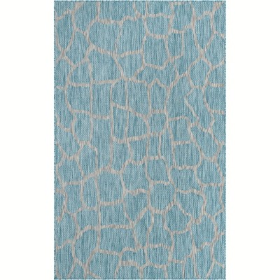 Aqua Blue Abstract Low Pile Indoor/Outdoor Area Rug