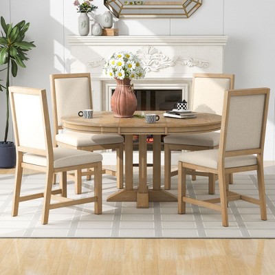 Round Dining Table Set for 4, 5 Piece Wooden Kitchen Table With 4 Upholstered Chairs, Kitchen Breakfast Table Set for Dining Living Room