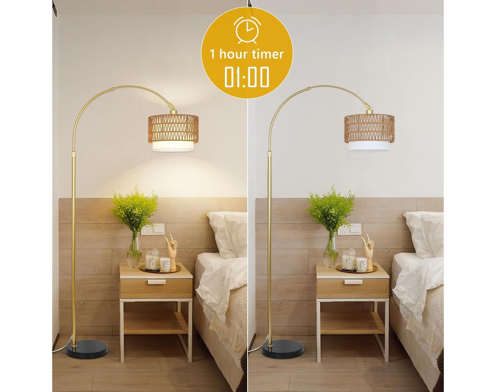 Arc Floor Lamp with Rattan and Linen Shades, Remote Control and Dimming Bulb with 3 Color Temperatures, Adjustable Height for Bedroom