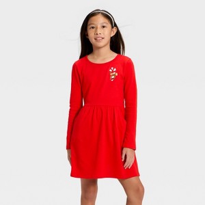Girls' Long Sleeve Printed Knit Dress - Cat & Jack™ - 1 of 3