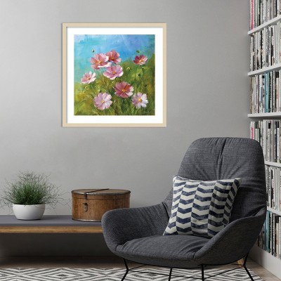 Summer Field Pink and Green Botanical Lithograph with Wood Frame