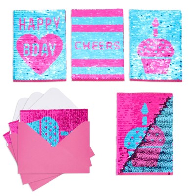 Paper Junkie 3 Pack Sequin Happy Birthday Cards with Envelopes, 3 Blue & Pink Designs (5 x 7 in)