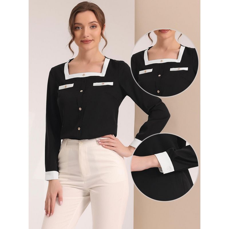Allegra K Women's Contrast Long Sleeve Button Decor Front Square Neck Elegant Work Blouse, 2 of 6