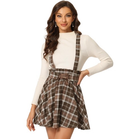 Allegra K Women s Gothic Plaid High Waist Detachable Suspender Skirts Brown Large Target