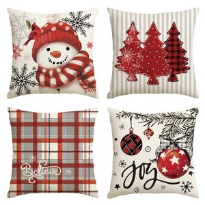 Winter Snowman Joy Snowflake Christmas Red Throw Pillow Covers, 18 x 18 Inch Xmas Tree Winter Holiday Buffalo Plaid - 1 of 4