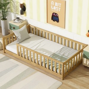 KWPZQEB Twin Size Floor Bed without Door, Montessori Wood Bed with Safety Guardrails & Slats Support, Low Bed Frame for Kids Boys Girls - 1 of 4