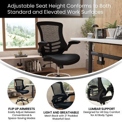 ErgoComfort 51" Black Mesh & Leather Drafting Chair with Adjustable Arms