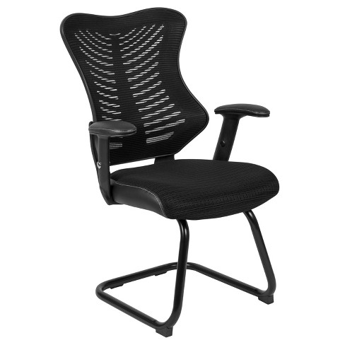 EMMA OLIVER Black Mesh Sled Base Side Reception Guest Office Chair with Flip-Up Arms EMMA OLIVER Black Mesh Sled Base Side Reception Guest Office Chair with Flip-Up Arms