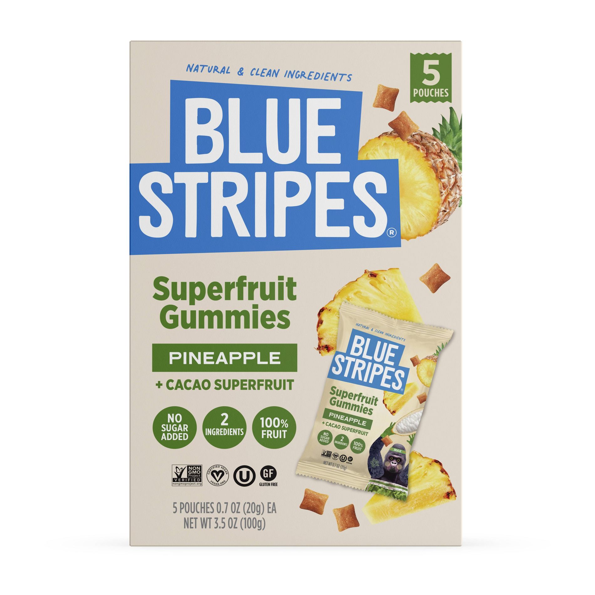BLUE STRIPES Superfruit Gummies Pineapple and Cacao Fruit - 3.5oz/5pk