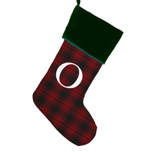 Personalization Mall Christmas Plaid Initial Christmas Stocking, Green Cuff - 1 of 2