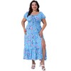 Agnes Orinda Women's Plus Size Floral Tie Notched Neck Puff Short Sleeve Side Slit A Line Maxi Dress - 3 of 4
