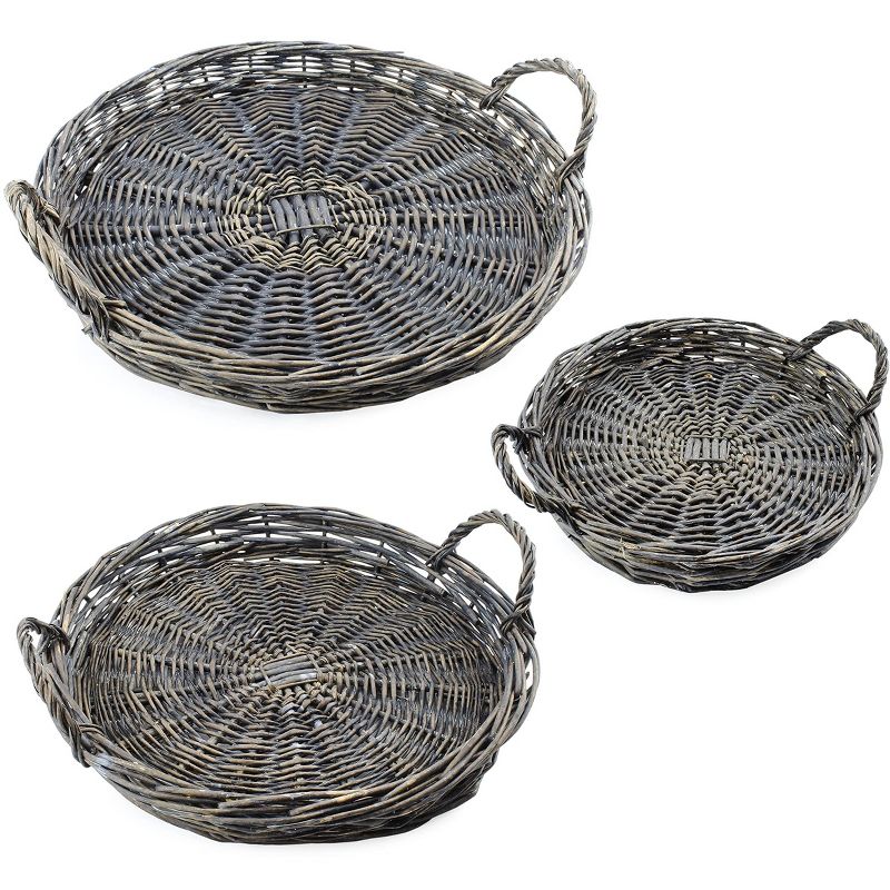 AuldHome Design Rustic Willow Basket Trays, Set of 3 (Round, Gray Washed); Natural Wicker Decorative Farmhouse Trays, 1 of 7
