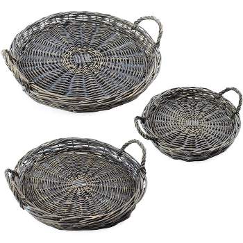 AuldHome Design Rustic Willow Basket Trays, Set of 3 (Round, Gray Washed); Natural Wicker Decorative Farmhouse Trays