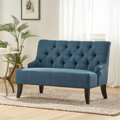 SKRAN Nicole KD Settee for Living Room or Apartment - Navy Blue Fabric Upholstered with Flared Birch Wood Legs and Button-Tufted Backrest