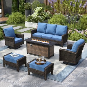 Captiva Designs Outdoor Patio Wicker Furniture Conversation Fire Pit Sets with Swivel Chairs with 5.5" Thick Cushions - 1 of 4