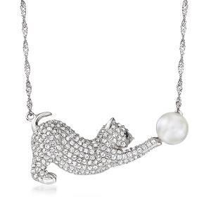 Ross-Simons 8mm Cultured Pearl and 1.80 ct. t.w. White Topaz Cat Necklace in Sterling Silver With Black Spinel Accent - 1 of 3