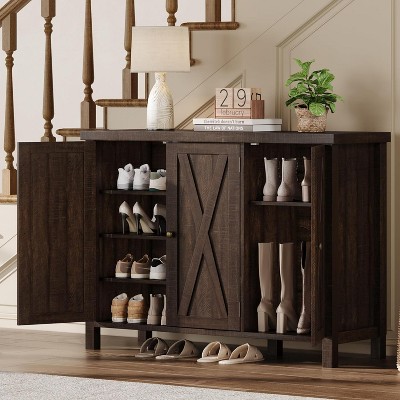 Farmhouse 35" Shoe Storage Cabinet, 4-Tier Entryway Shoe Storage, Large Shoe Organizer Cabinet for Living Room Hallway, Dark Cherry