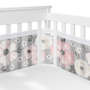 Sweet Jojo Designs Girl BreathableBaby Breathable Mesh Crib Liner Baby Nursery Watercolor Floral Grey Pink and White - 1 of 4