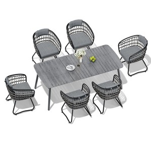 Crestlive Products 7pc Outdoor Dining set 71in Patio Rectangle Table with Rattan Dining Chairs Aluminum Frame Wood-Like Tabletop Umbrella Hole - 1 of 4