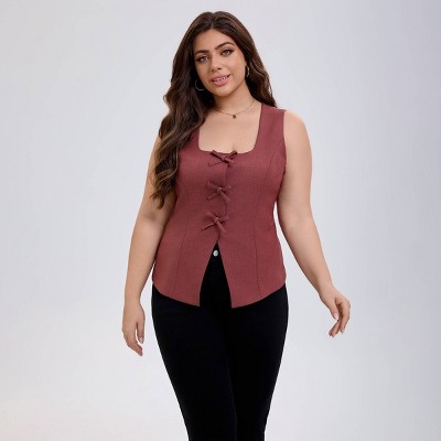 Women's Square Neck Sleeveless Front Bow Tie Closure Vest Top - A New Day™ Burgundy S