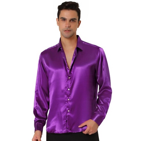 Lars Amadeus Men's Dress Satin V Neck Sleeves Button Down Slim Fit Prom Party Shirts Small Purple :