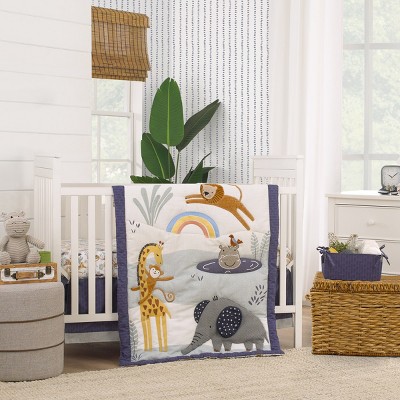 NoJo Wild Pals Navy, Gray, and Tan Safari Animals 4 Piece Nursery Crib Bedding Set