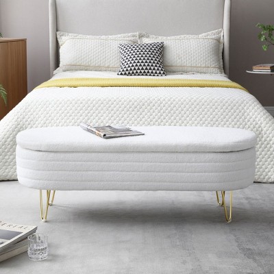 47" Width Oval Storage Bench with Gold Legs,Teddy Fabric Upholstered Ottoman Storage Benches for Bedroom End of Bed,Boucle Fabric Bench-Cuddlewood