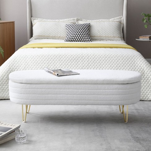 47&quot; Width Oval Storage Bench With Gold Legs,teddy Fabric 