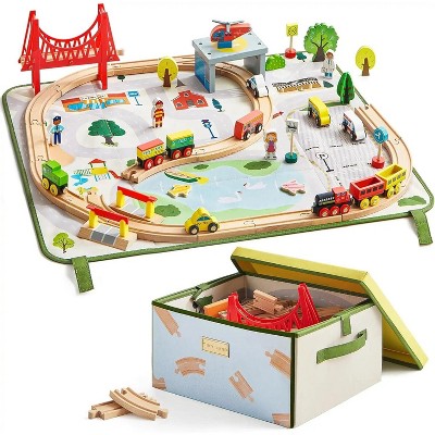 Tiny Land® 110 Pieces Wooden Train Set with Folding Storage Box