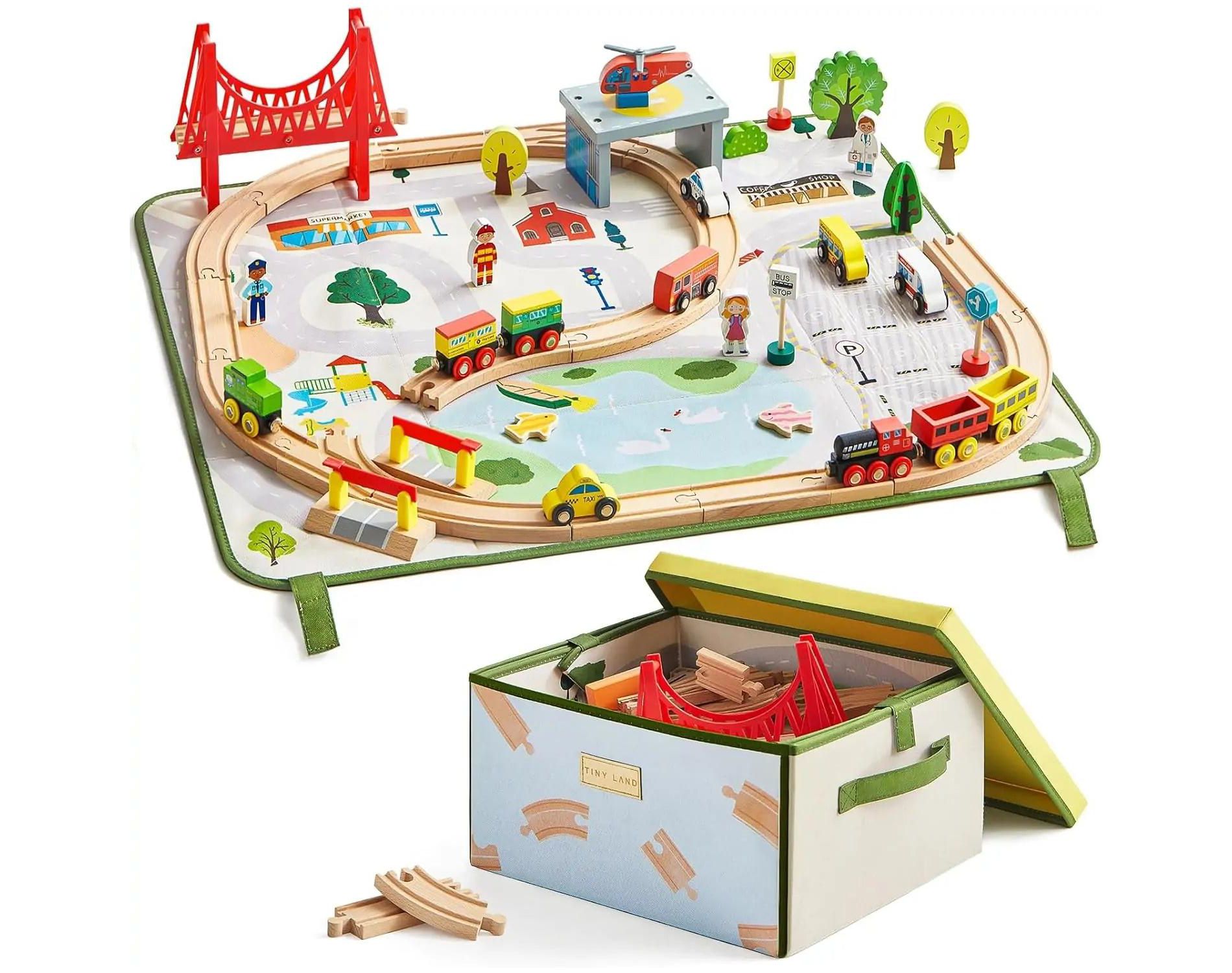 Tiny Land® 110 Pieces Wooden Train Set with Folding Storage Box