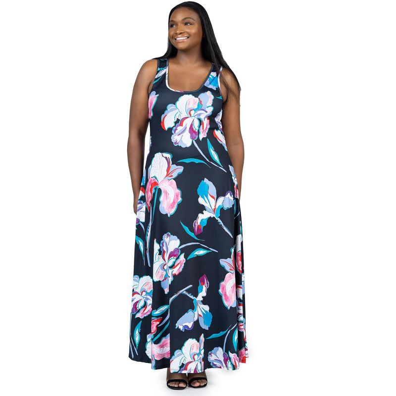 24seven Comfort Apparel Plus Size Black Floral Print Scoop Neck A Line Sleeveless Maxi Dress, 5 of 7