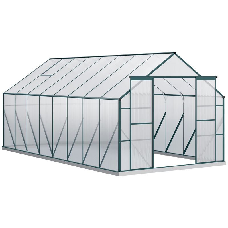 Outsunny Aluminum Greenhouse Polycarbonate Walk-in Garden Greenhouse Kit with Adjustable Roof Vent, Rain Gutter and Sliding Door, 1 of 7