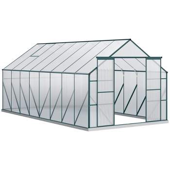 Outsunny Aluminum Greenhouse Polycarbonate Walk-in Garden Greenhouse Kit with Adjustable Roof Vent, Rain Gutter and Sliding Door