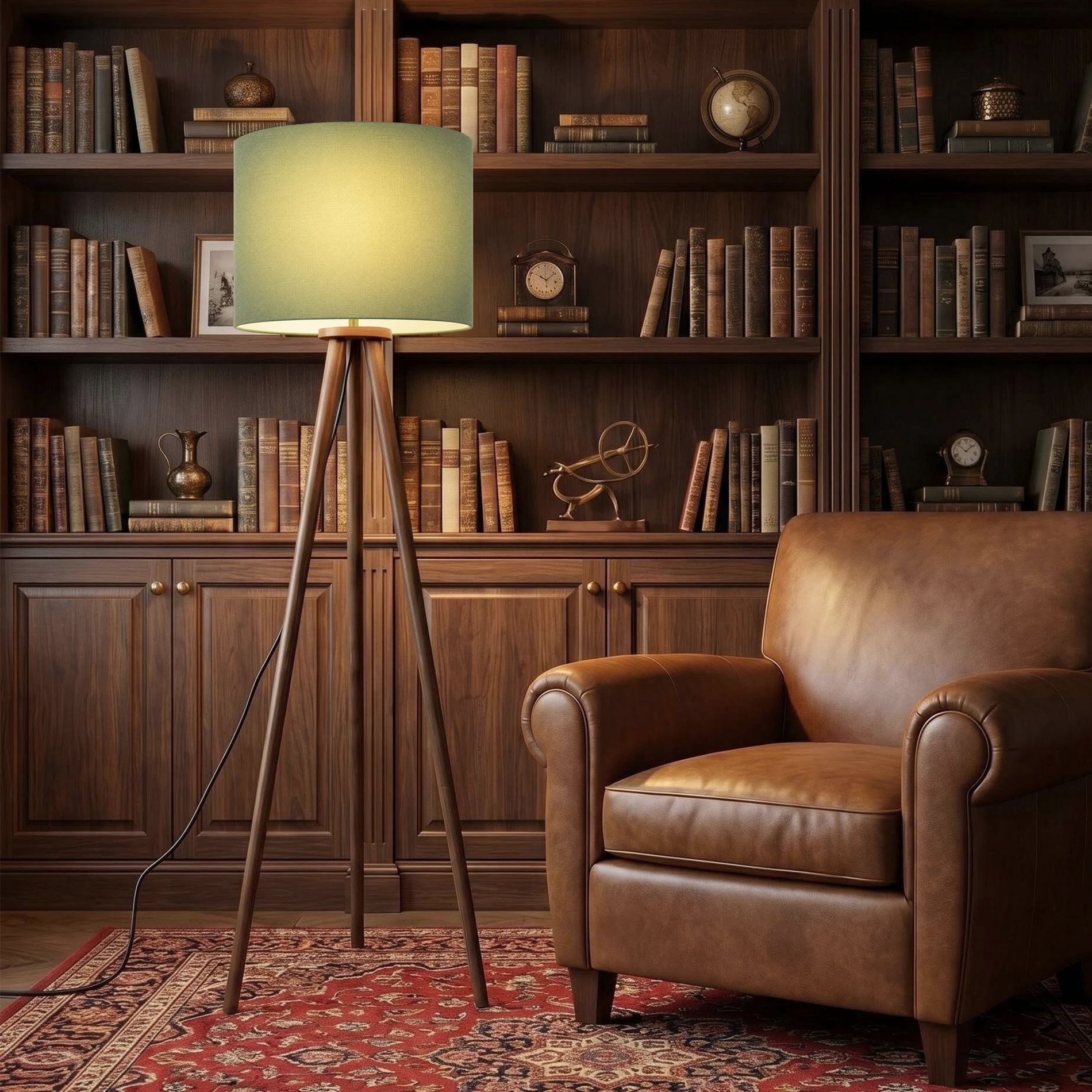 60.5" Nordic Style Tripod Floor Lamp, UL Certified, with Natural Wood Base and Green Linen Shade, Adjustable Standing Lamp for Bedroom, Living Room