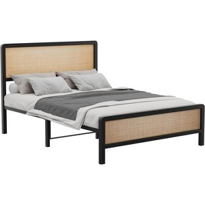 Metal Rattan Bed, Full Size Bed Frame - Rattan Headboard with Metal Bed Body, Platform Design for Stable Support, No Box Spring Needed - 1 of 4