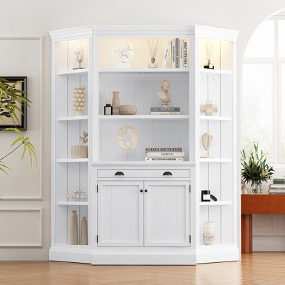 83.4"H Tall Bookshelf with LED Lighting, Modern Storage Bookcase with Open Shelves and Drawers/Desks/Doors, White-ModernLuxe