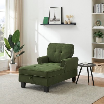 Corduroy Upholstered Indoor Sleeper Chaise Lounge Chair Bed with Storage, High-Density Foam, Throw Pillow and Rivet Detailing