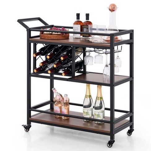 Costway 3-tier Bar Cart on Wheels Home Kitchen Serving Cart with Wine Rack & Glass Holder Rustic Brown/Brown - image 1 of 4