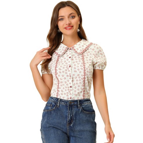 Allegra K Women's Floral 1950s Peter Pan Collar Button Down Tops - image 1 of 4