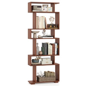 Costway 6-tier Storage Bookshelf S-shaped Geometric Bookcase with Anti-toppling Kits Brown/Black/White - 1 of 4