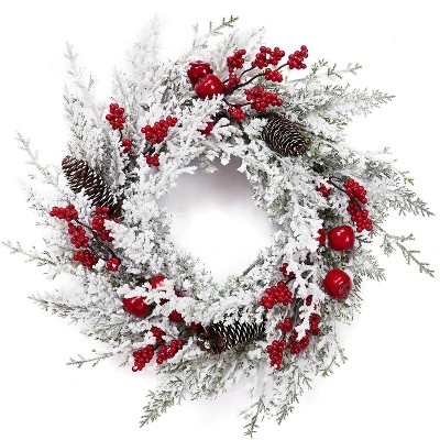 GAOMON 18 Inch Christmas Wreath for Front Door, Artificial Snow Flocked Wreath with Pine Cones Berries Red Apples, Red & White