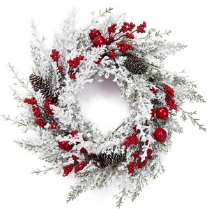 GAOMON 18 Inch Christmas Wreath for Front Door, Artificial Snow Flocked Wreath with Pine Cones Berries Red Apples, Red & White - 1 of 4
