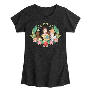 Girls' - Disney Princess - Tiana Belle and Cinderella with Florals Fitted Short Sleeve Graphic T-Shirt - 1 of 4
