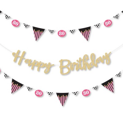 Big Dot of Happiness Chic 80th Birthday - Pink - Birthday Party Letter Banner Decor - 36 Cutouts & No-Mess Real Gold Glitter Happy Birthday Letters