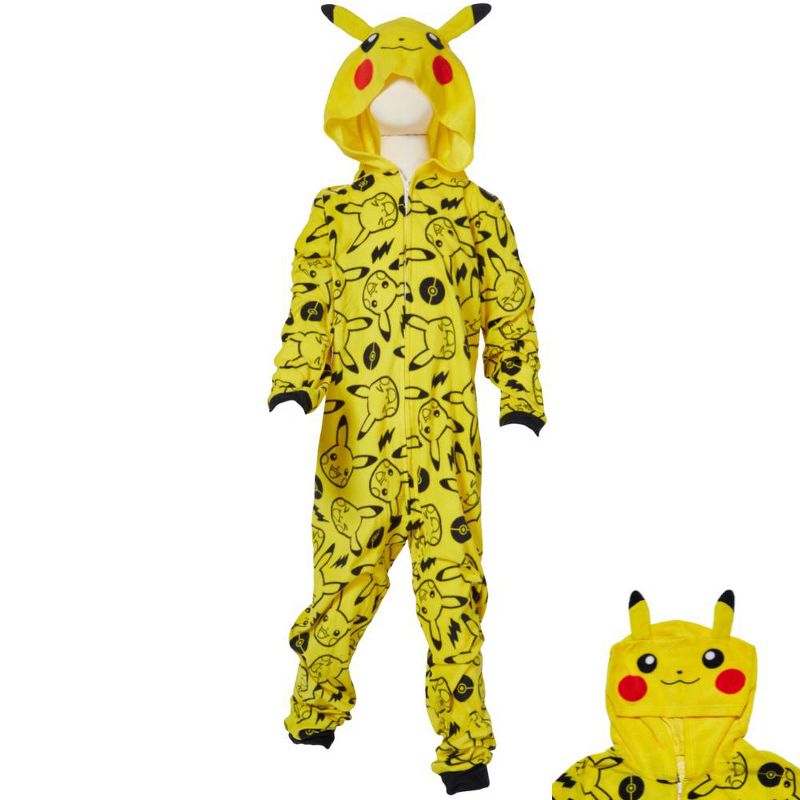 Pokemon Onesie Pajamas for Kids, Pikachu Hooded Plush Costume or Sleeper with Zipper Front, 1 of 10